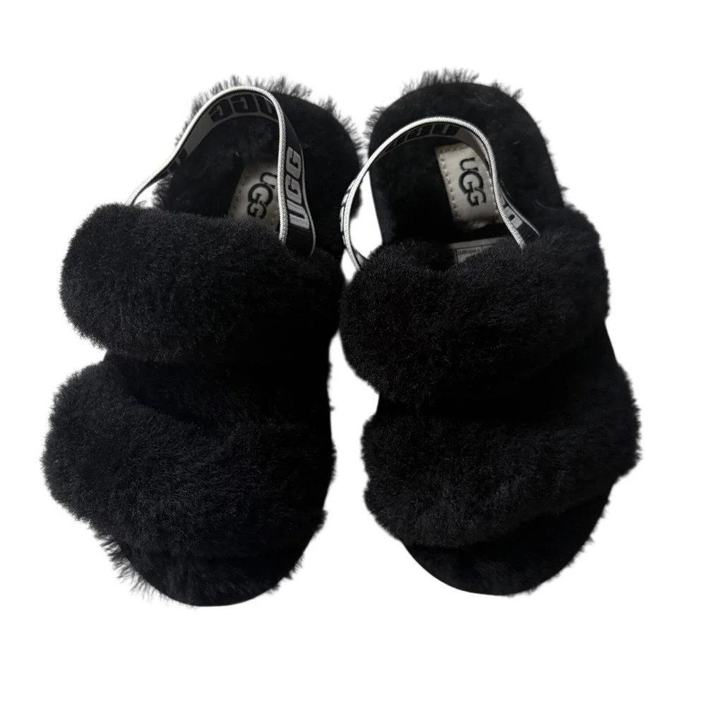 UGG Toddler Fluff Yeah Slide Black‎ Sheepskin Slingback Sandals 1116636T Size 9